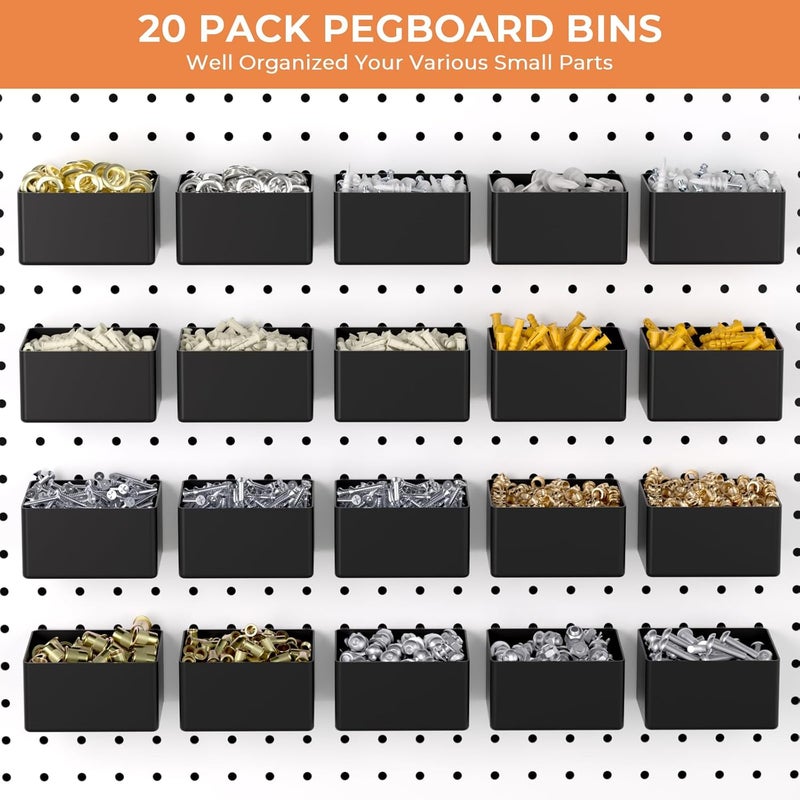 INCLY 320PCS Pegboard Accessories Organizer Kit, Peg Board Hooks Assortment with 20PCS Bins for Organizing Various Tools, Fit 1/8 or 1/4 inch Pegboard for Hanging Storage, Garage Wall Attachments - Image 5